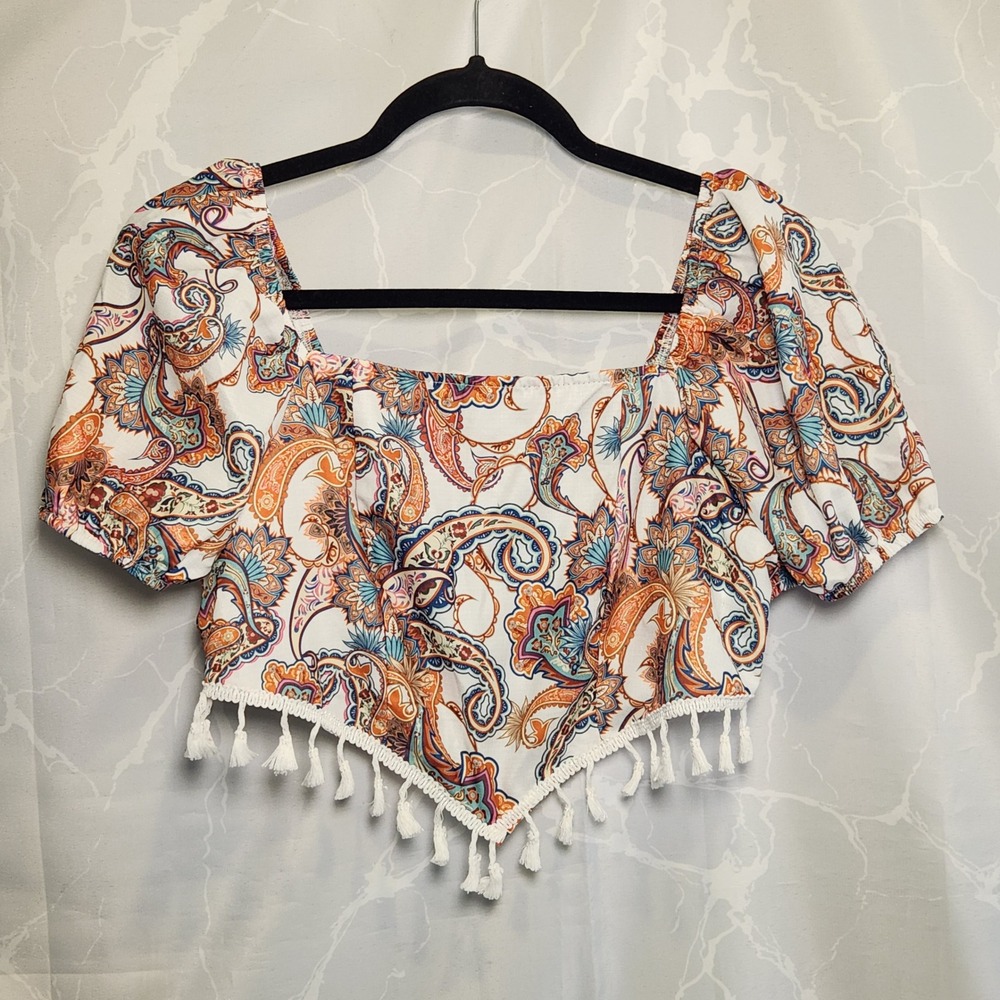 SHEIN Bandana Hem Crop Blouse Women's L Paisley Print Puff Sleeve Tassel Trim